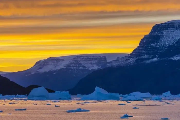 Framed Print : Greenland. Scoresby Sund. Gasefjord. Sunset with icebergs and brash ice Framed Print : Greenland. Scoresby Sund. Gasefjord. Sunset with icebergs and brash ice