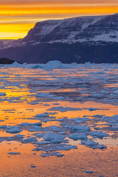 Greenland. Scoresby Sund. Gasefjord. Sunset with icebergs and brash ice