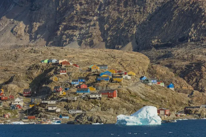 Framed Print : Greenland. Uummannaq. Colorful houses dot the rocky landscape Framed Print : Greenland. Uummannaq. Colorful houses dot the rocky landscape