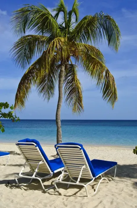 Framed Print : Grenada. Beach chairs on Grand Anse Beach Grenada