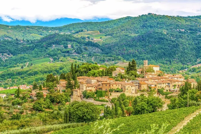 Framed Print : Greve in Chianti, Tuscany, Italy. Landscape view of little mountain village set among vineyards and trees Framed Print : Greve in Chianti, Tuscany, Italy. Landscape view of little mountain village set among vineyards and trees