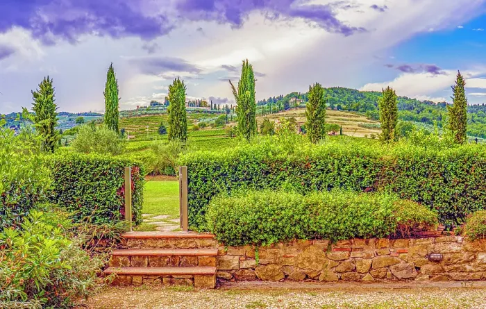 Framed Print : Greve in Chianti, Tuscany, Italy. Landscape view from a vineyard farm towards the hills