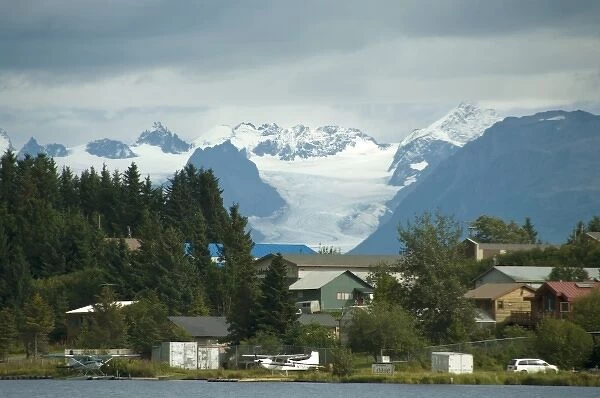 The Grewingk Glacier and Kenai Mountains loom above Homer, Alaska