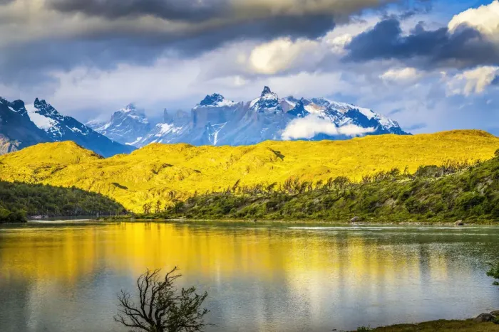 Framed Print : Grey Lake Paine Horns three granite peaks, Torres del Paine National Park, Patagonia