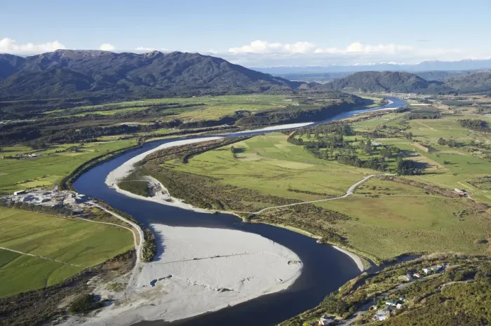Framed Print : Grey River near Greymouth, West Coast, South Island, New Zealand - aerial