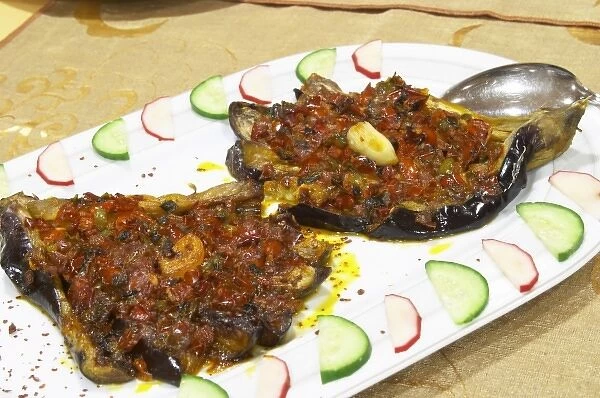 Grilled baked aubergine eggplant with tomatoes and garlic Efendi Efendy traditional Turkish