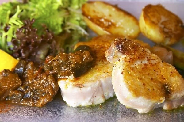 Gruissan village. La Clape. Languedoc. Restaurant La Cranquette. Tuna fish with potatoes and salad
