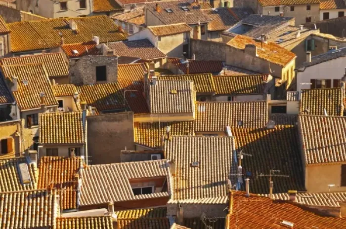 Framed Print : Gruissan village. La Clape. Languedoc. Village roof tops with tiles France. Europe Framed Print : Gruissan village. La Clape. Languedoc. Village roof tops with tiles France. Europe