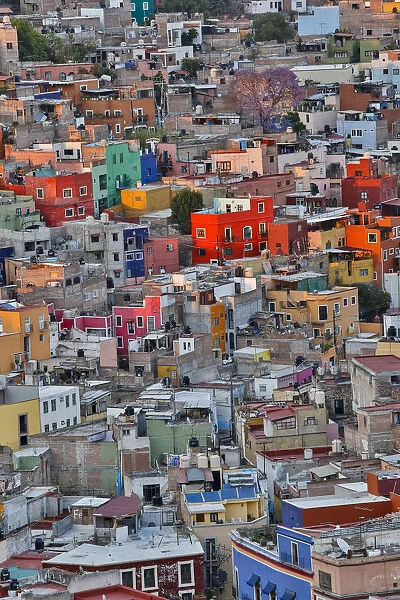 Guanajuato in Central Mexico. City overview in evening light with colorful buildings