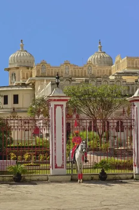 Framed Print : Guard on horseback standing in front of City Palace, Udaipur, India Framed Print : Guard on horseback standing in front of City Palace, Udaipur, India