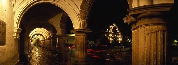 Guatemala, Antigua, Cathedral of Santiago framed by Palacio del Ayuntamiento along Parque Central