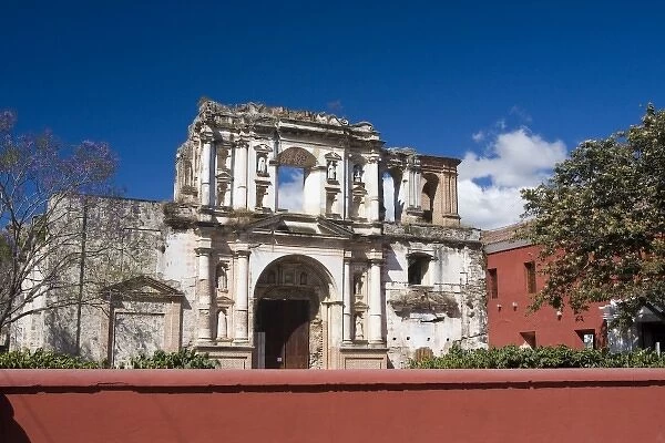 Guatemala, Antigua. The facade of a church in Antigua
