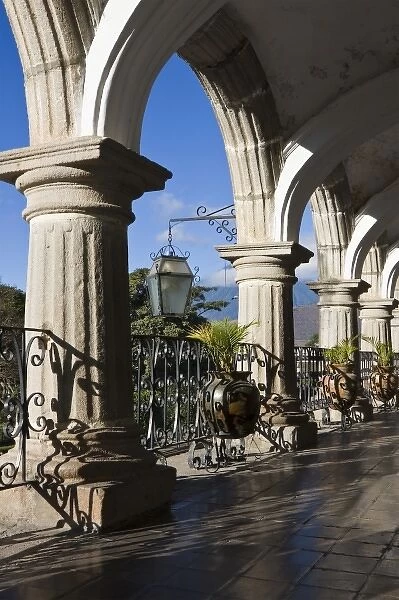 Guatemala, Antigua. This is the stone archway of the Palace of the Noble City Hall