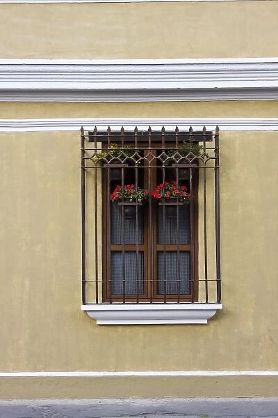 Guatemala, Antigua. Window with flower pots in the town of Antigua