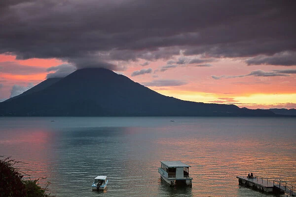 Guatemala, San Juan la Laguna. Toliman volcano and Lago de Atitlan (Lake Atitlan)