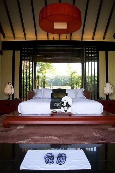 Guest bedroom, one of three-room spa suites at Banyan Tree Resort, Lijiang outskirts