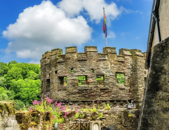 Framed Print : Gun battery behind church, Graves Castle, Dartmouth, Devon, England. Castle originally built 1300's to protect harbor and River Dart Framed Print : Gun battery behind church, Graves Castle, Dartmouth, Devon, England. Castle originally built 1300's to protect harbor and River Dart