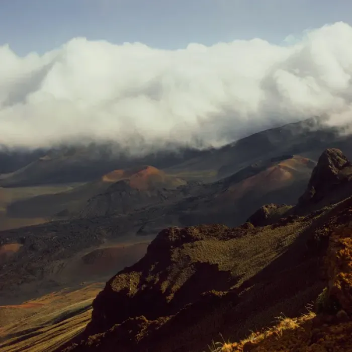 Framed Print : Haleakala Crater Maui Hawaii from the Crater Rim near Visitor center with clouded Rim