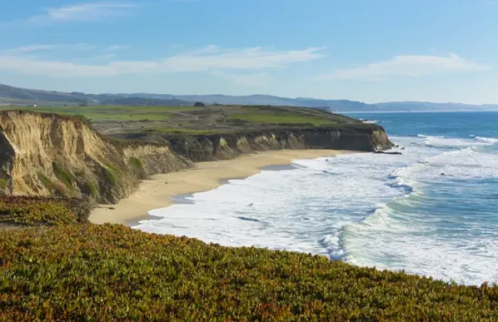 Framed Print : Half Moon Bay California shore ocean cliffs off of the Ritz Golf Course with waves Framed Print : Half Moon Bay California shore ocean cliffs off of the Ritz Golf Course with waves
