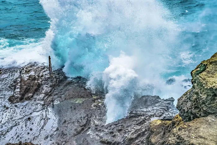 Framed Print : Halona Blowhole Lookout, Oahu, Hawaii. Waves roll in rock formation shoots sea spray in the air Framed Print : Halona Blowhole Lookout, Oahu, Hawaii. Waves roll in rock formation shoots sea spray in the air