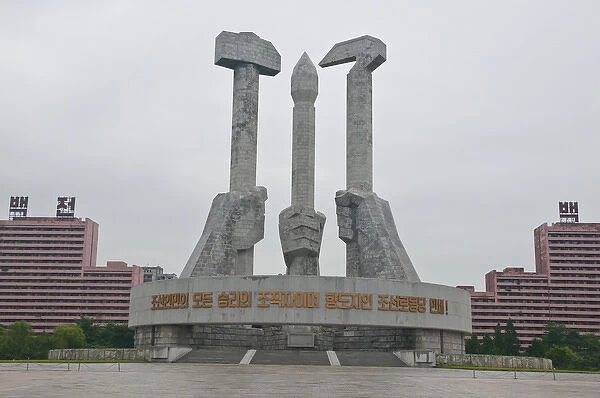 The hammer, sickle and writing brush form the Workers Party Monument, Pyongyang, North