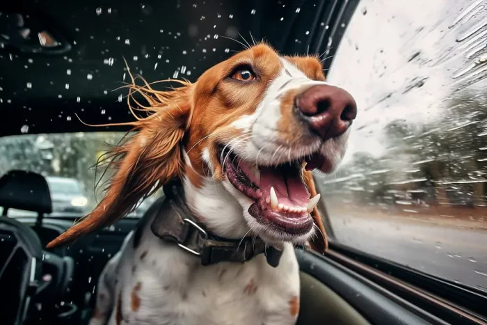 Framed Print : Happy dog riding in a car in the rain. (AI Generated) Framed Print : Happy dog riding in a car in the rain. (AI Generated)