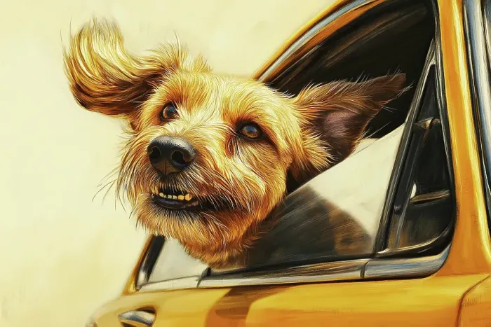 Framed Print : Happy dog riding with head out car window. (AI Generated) Framed Print : Happy dog riding with head out car window. (AI Generated)