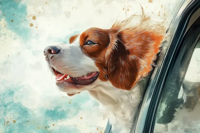 Framed Print : Happy dog riding with head out car window. (AI Generated) Framed Print : Happy dog riding with head out car window. (AI Generated)