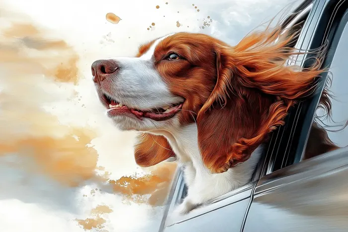 Framed Print : Happy dog riding with head out car window. (AI Generated) Framed Print : Happy dog riding with head out car window. (AI Generated)