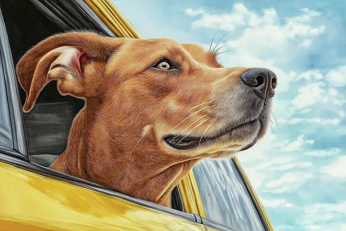 Framed Print : Happy dog riding with head out car window. (AI Generated) Framed Print : Happy dog riding with head out car window. (AI Generated)