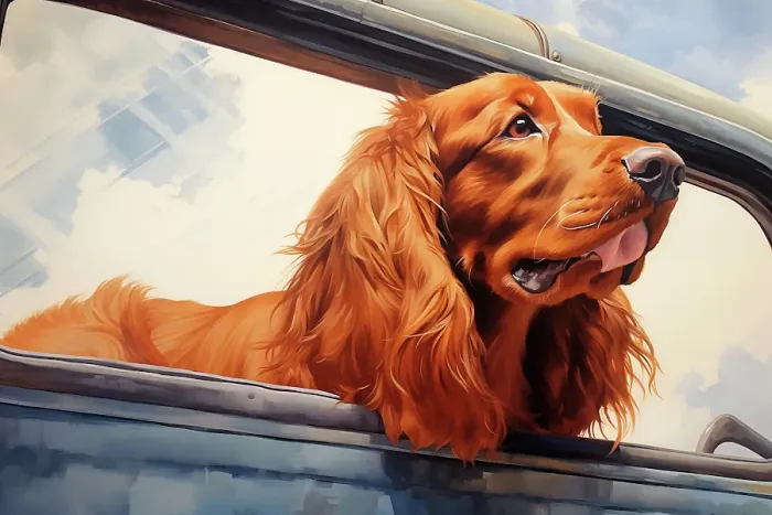 Framed Print : Happy Irish setter dog with head out car window. Illustration style. (AI Generated) Framed Print : Happy Irish setter dog with head out car window. Illustration style. (AI Generated)