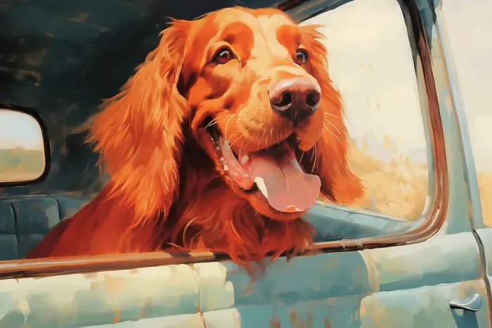 Framed Print : Happy Irish setter dog with head out car window. Illustration style. (AI Generated) Framed Print : Happy Irish setter dog with head out car window. Illustration style. (AI Generated)