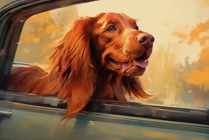 Framed Print : Happy Irish setter dog with head out car window. Illustration style. (AI Generated) Framed Print : Happy Irish setter dog with head out car window. Illustration style. (AI Generated)