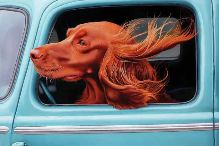 Framed Print : Happy Irish setter dog with head out car window. Illustration style. (AI Generated) Framed Print : Happy Irish setter dog with head out car window. Illustration style. (AI Generated)