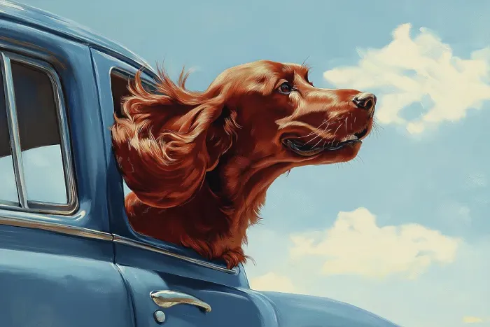 Framed Print : Happy Irish setter dog with head out car window. Painting style. (AI Generated) Framed Print : Happy Irish setter dog with head out car window. Painting style. (AI Generated)