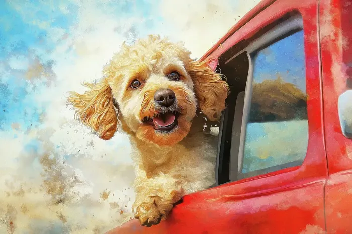 Framed Print : Happy small dog riding with head out car window. (AI Generated)