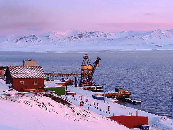 Harbor area. Russian coal mining town Barentsburg at fjord Gronfjorden. The coal mine is still in operation. Arctic Region, Scandinavia, Norway, Svalbard