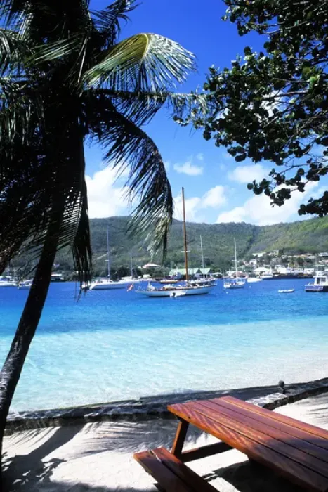 Framed Print : Harbor, palms, blue water at Port Elizabeth in Bequia, Grenadines Framed Print : Harbor, palms, blue water at Port Elizabeth in Bequia, Grenadines