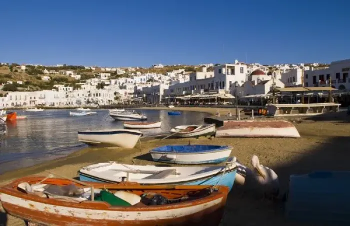 Framed Print : The harbor town with colorful fishing boats moored at the small harbor, Mykonos Framed Print : The harbor town with colorful fishing boats moored at the small harbor, Mykonos