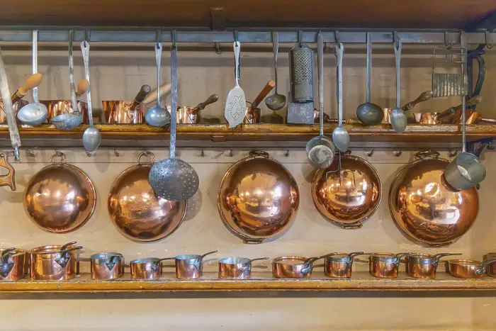 Framed Print : Harewood, Leeds, West Yorkshire, England, Great Briton, United Kingdom. May 2, 2022. Kitchen wares and copper pots in Harewood House, an 18th Century Treasure House. Editorial Use Only