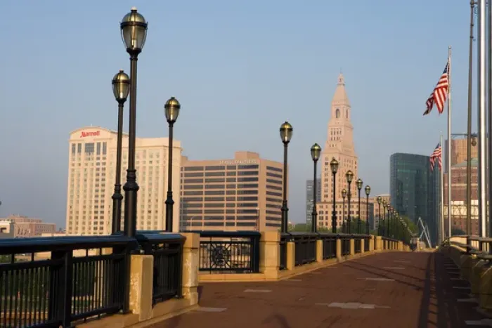 Framed Print : Hartford, Connecticut, as seen from the Founders Bridge over the Connecticut River