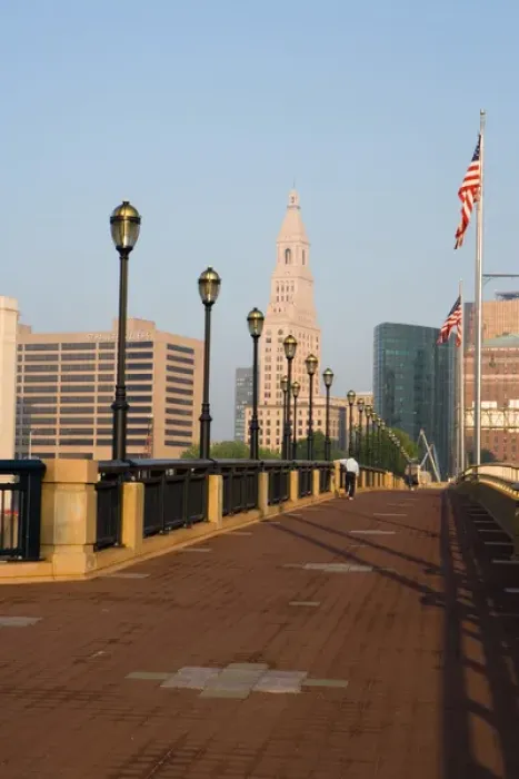 Framed Print : Hartford, Connecticut, as seen from the Founders Bridge over the Connecticut River