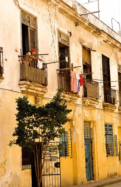 Havana capitol city of Cuba old buildings with laundry hanging oin porch in Old Havana