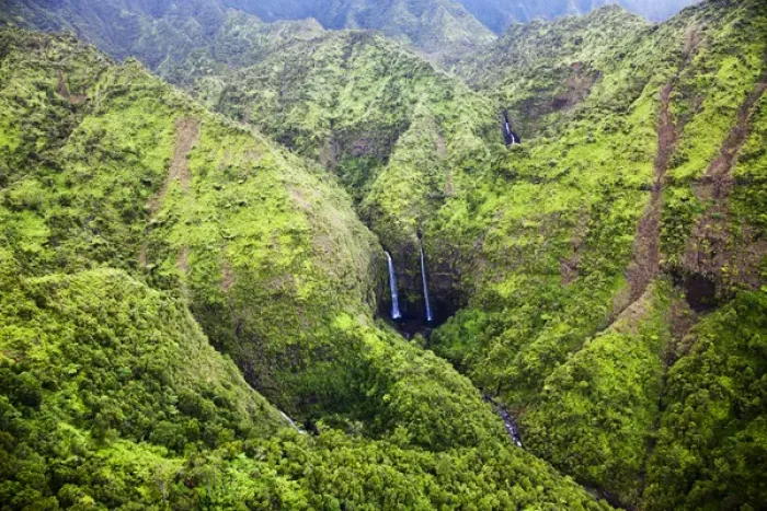 Framed Print : Hawaian Islands; USA; Hawaii; Kauai; Aerial Image of Waterfalls of Kaui Framed Print : Hawaian Islands; USA; Hawaii; Kauai; Aerial Image of Waterfalls of Kaui