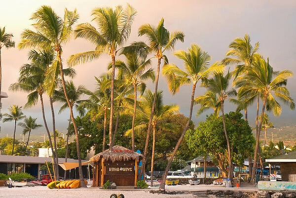 Hawaii, Big Island, Kona-Kailua. Beach shack and kayaks outside the King Kamehameha Hotel