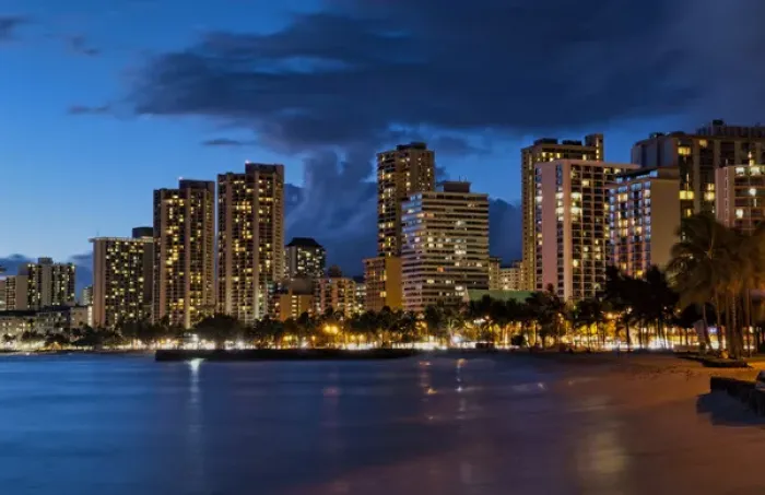 Framed Print : Hawaii Honolulu twilight of Waikiki Beach at night with colorful sky in Oahu Framed Print : Hawaii Honolulu twilight of Waikiki Beach at night with colorful sky in Oahu