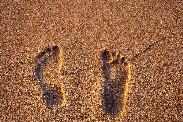 Hawaii, Kauai. Footprints in the sand on a Hawaii beach