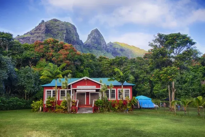 Framed Print : Hawian Islands; USA; Kauai; Anahola Baptist church with mountains behind the church