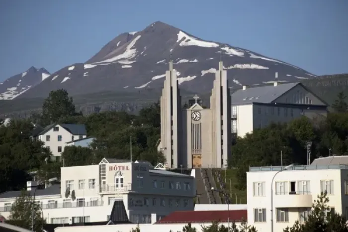 Framed Print : The heart of Akureyri just 40 miles from the Arctic Circle features its Lutheran