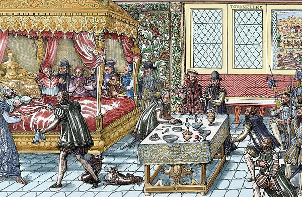 Henry II (1519-1559). King of France (1547-1559). Kings death. Colored engraving